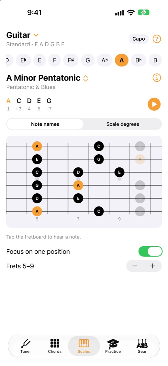A minor pentatonic scale on the guitar fretboard