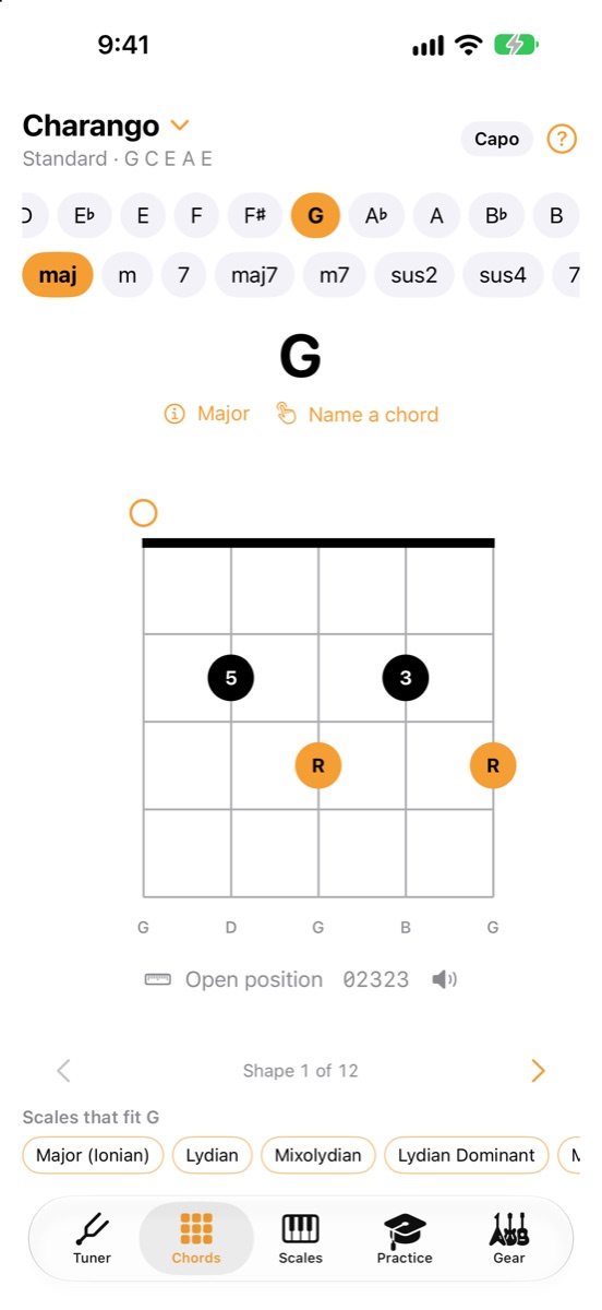 A G major chord shape on charango